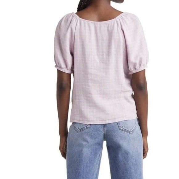 Madewell Linen-Blend Puff-Sleeve Button-Wrap Top in Plaid Lavender 3x - Picture 2 of 13